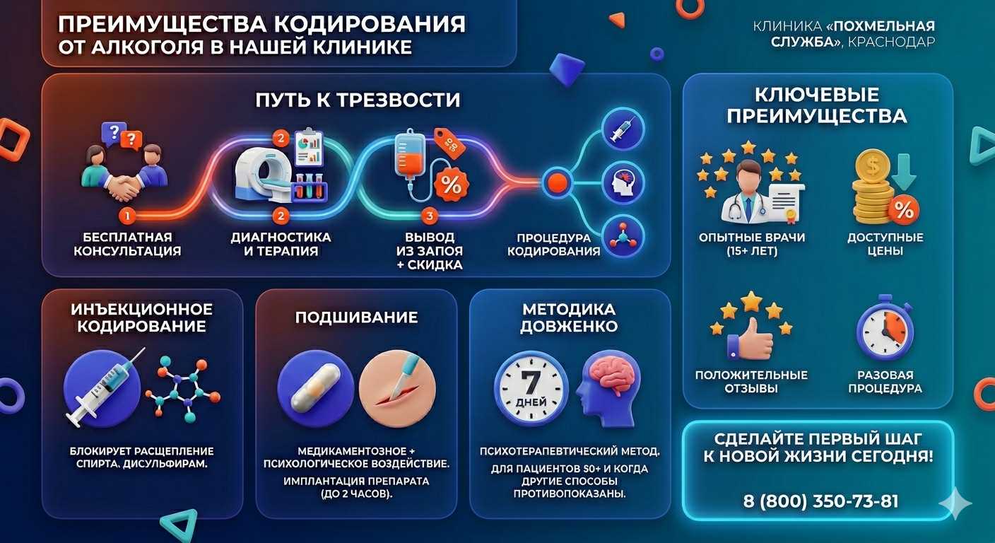 Инфографика о методах кодирования от алкоголя в Нее: инъекции, подшивание, метод Довженко. Преимущества клиники и этапы лечения.