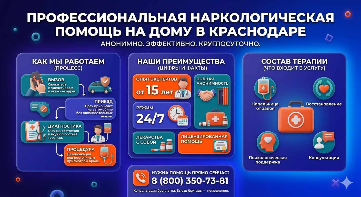 Инфографика о принципах лечения алкоголизма на дому в Нее: этапы вызова нарколога, преимущества анонимной детоксикации и состав медицинской помощи.